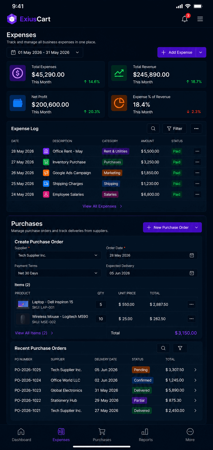 Expenses & Purchases mobile